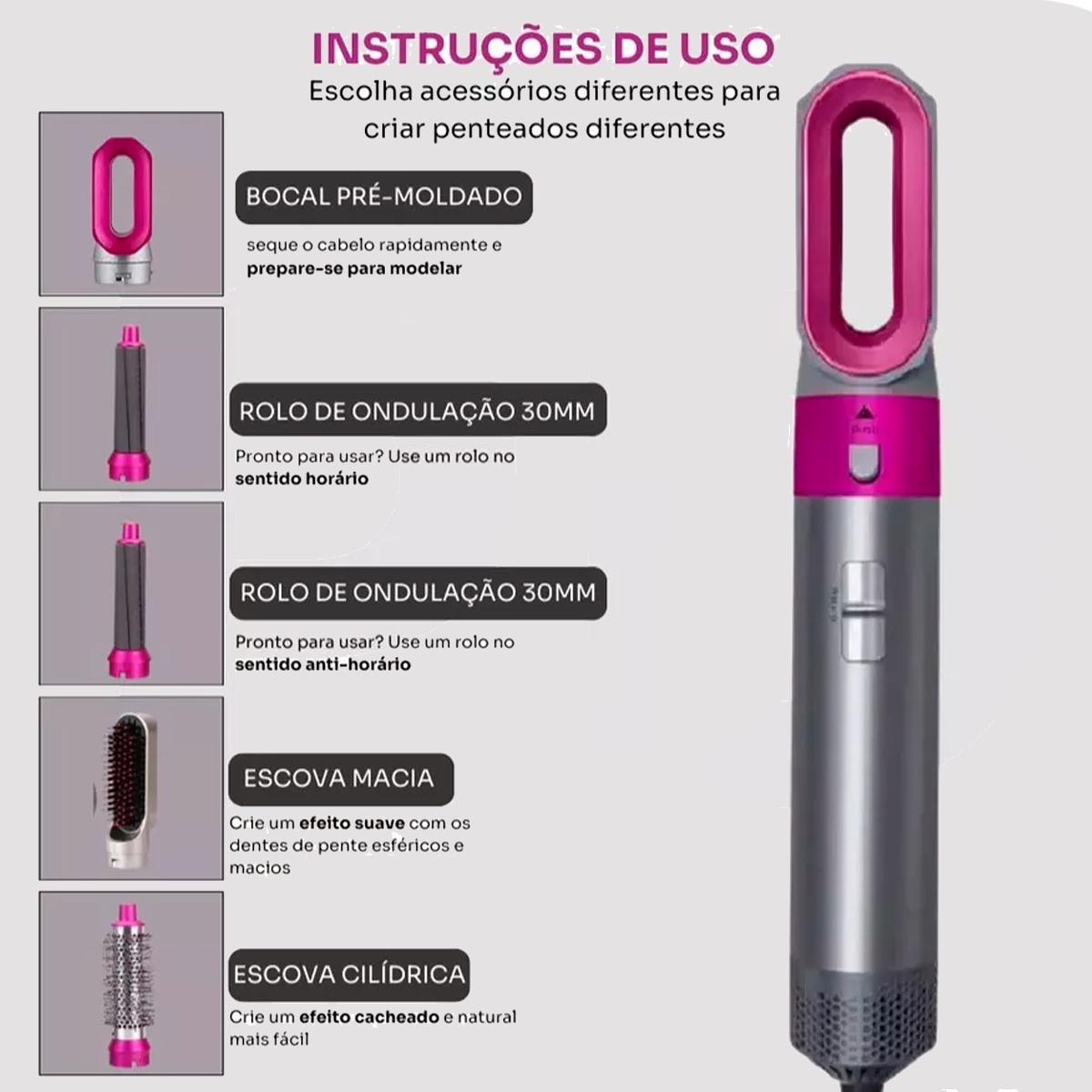 FRETE GRÁTIS - Escova Ellegance Deluxe Hair 5 em 1, Alisa, Seca, Modela, Faz Cachos e Anti-Frizz - BIVOLT (110v/220v)